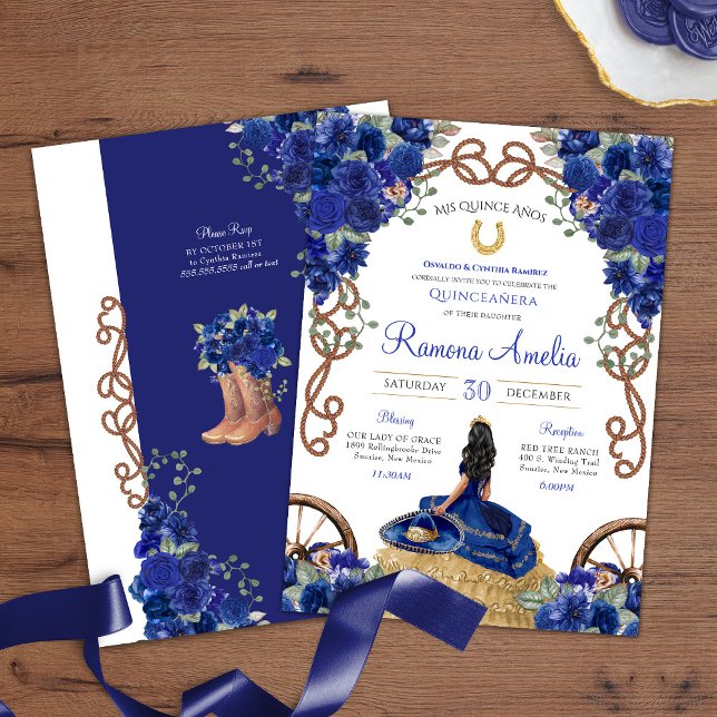 Invitation Floral bleu Rustique Charro Ouest Quinceañera (Créateur téléchargé)