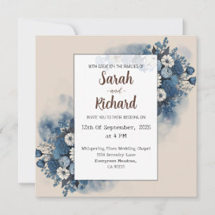 Invitation Floral bleu serein avec Arrière - plan beige éléga