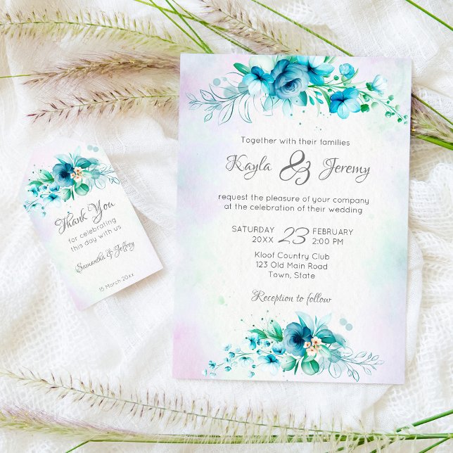Invitation Floral bleu turquoise vert (Créateur téléchargé)