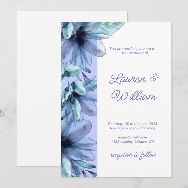 Invitation Floral bleu violet Mariage d'aquarelle Invit (Devant / Derrière)