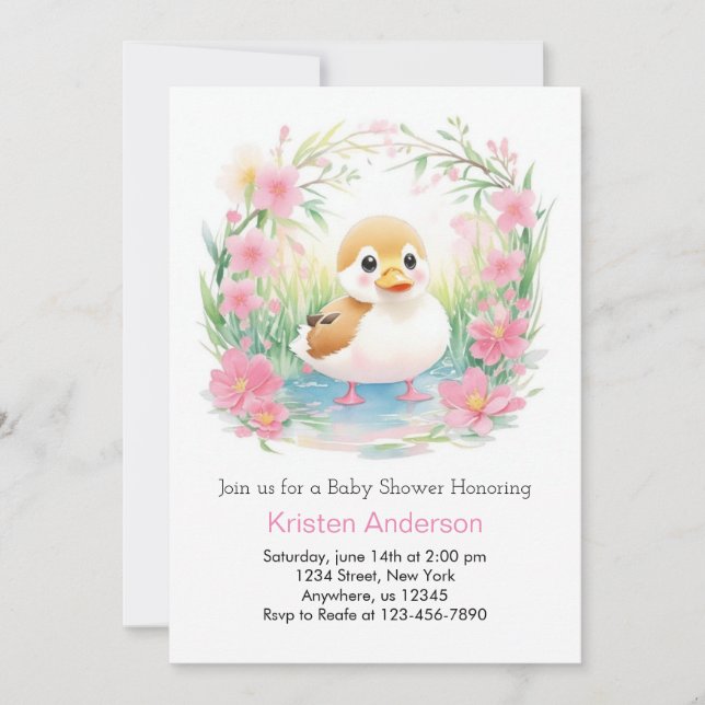 Invitation Floral Blissful Pink Duck Girl Baby shower (Devant)