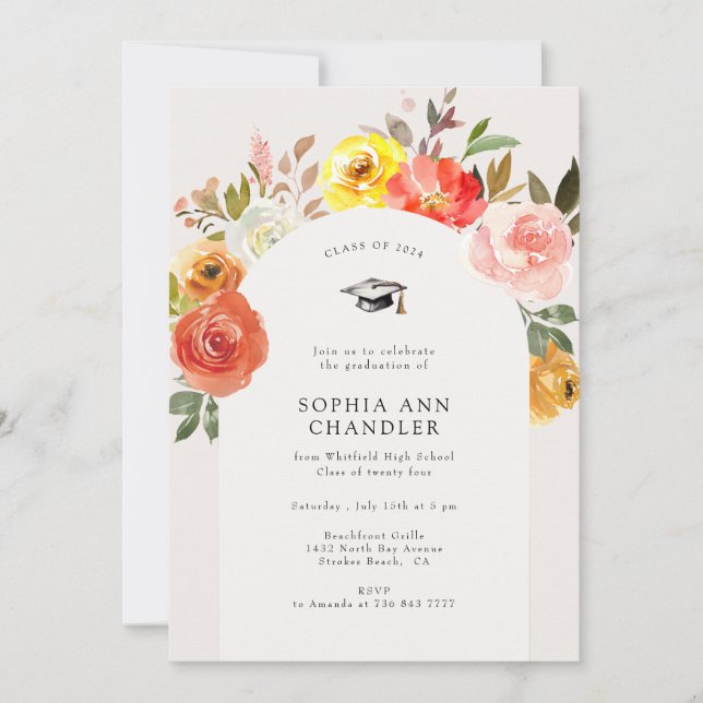 Invitation Floral Bloom Arch Photo Graduation avec Citation (Devant)