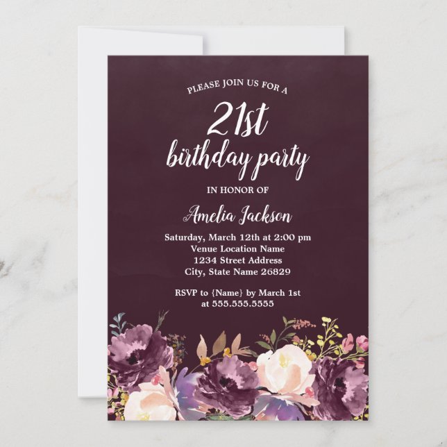 Invitation Floral Bloom Purple 21ème anniversaire (Devant)