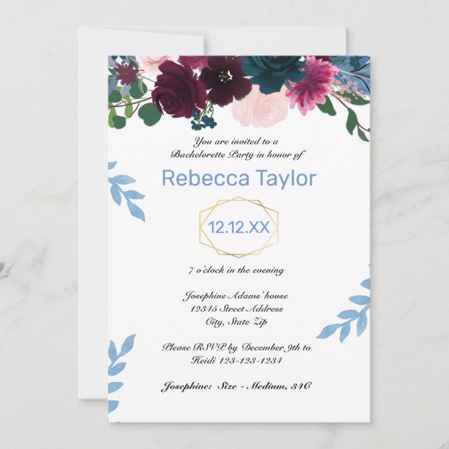 Invitation Floral Blooms Blue Vertical - Bachelorette Party (Devant)