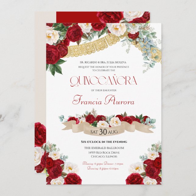 Invitation Floral Blooms Rouge & Blanc Or Quinceañera (Devant / Derrière)