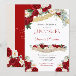 Invitation Floral Blooms Rouge & Blanc Or Quinceañera