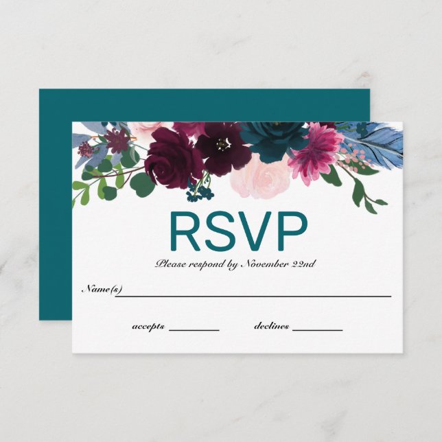 Invitation Floral Blooms Turquoise - RSVP (Devant / Derrière)