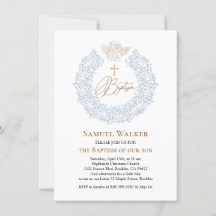 Invitation Floral Blue Baby Angel Croix Baptême