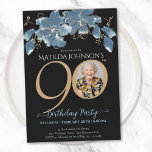 Invitation Floral Blue Black Gold Photo 90th Birthday Party<br><div class="desc">Floral Blue Black Gold Photo 90th Birthday Party Invitation. Présentant notre délicieuse Invitation d'anniversaire Floral Milestone, une parfaite fusion de simplicité moderne et de beauté délicate. Cette carte d'invitation personnalisée présente un mélange captivant de bleu et d'or, créant un cadre enchanteur qui ouvre la voie à une célébration d'anniversaire mémorable....</div>