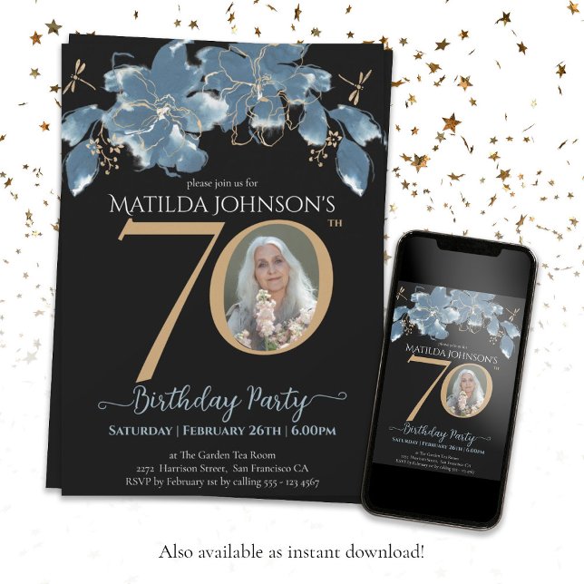 Invitation Floral Blue Black Gold Photo personnalisée 70e ann (70th Birthday Floral Blue Black Gold Custom Photo Invitation)