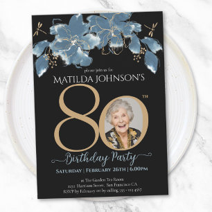 Invitation Floral Blue Black Gold Photo personnalisée 80e ann