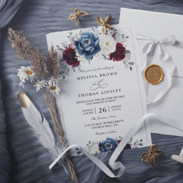 Invitation Floral Blue Burgundy White Ivory QR Code Wedding (Créateur téléchargé)