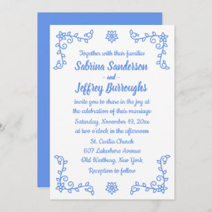 Invitation Floral Blue Cornflower Fleurs Laurel Leaf Mariage