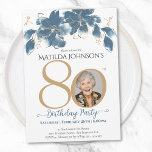 Invitation Floral Blue Gold Custom Photo 80th Birthday Party<br><div class="desc">Floral Blue Gold Custom Photo 80th Birthday Party Invitation. Présentant notre délicieuse Invitation d'anniversaire Floral Milestone, une parfaite fusion de simplicité moderne et de beauté délicate. Cette carte d'invitation personnalisée présente un mélange captivant de bleu et d'or, créant un cadre enchanteur qui ouvre la voie à une célébration d'anniversaire mémorable....</div>