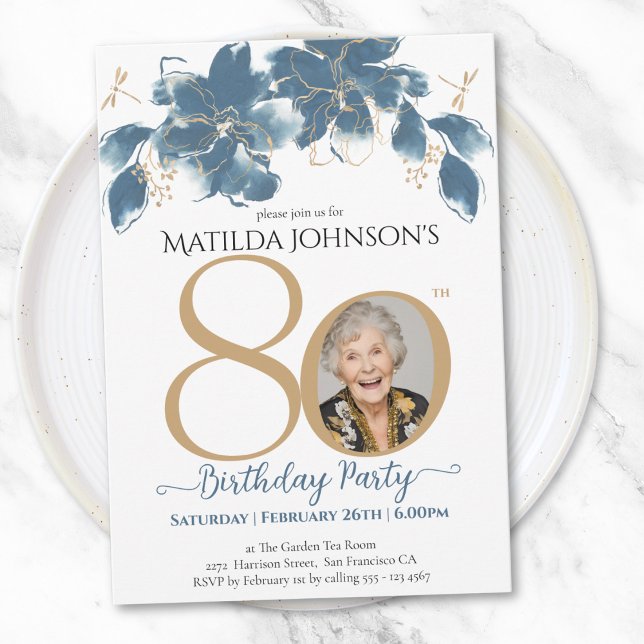 Invitation Floral Blue Gold Custom Photo 80th Birthday Party (Floral Blue Gold Custom Photo 80th Birthday Party Invitation)