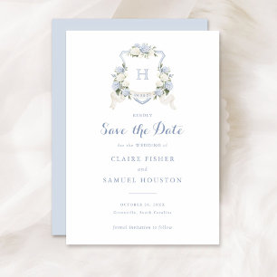 Invitation Floral Blue Hydrangea Crest Monogramme Enregistrer