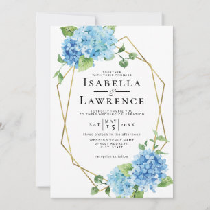 Invitation Floral Blue Hydrangea Gold Frame Mariage