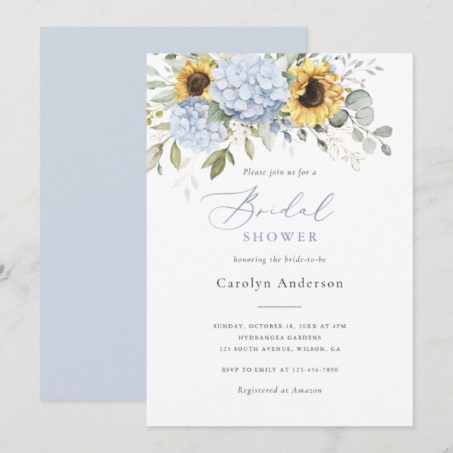 Invitation Floral Blue Hydrangea Sunflower Fête des mariées (Devant / Derrière)