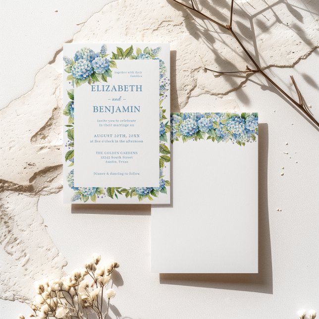Invitation Floral Blue Hydrangeas Mariage aquarelle (Front / Back)