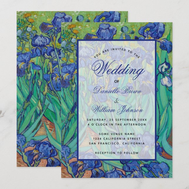 Invitation Floral Blue Irises Van Gogh Mariage Calligraphie (Devant / Derrière)