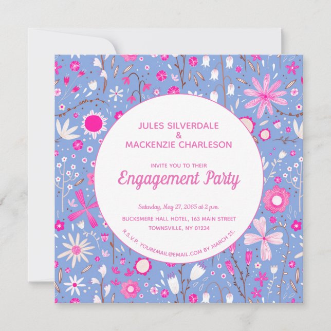 Invitation Floral Blue Modern Engagement Party (Devant)