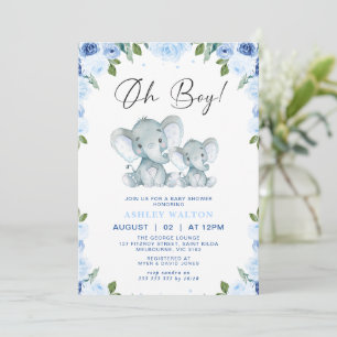 Invitation Floral Blue Oh Boy Elephant Baby shower