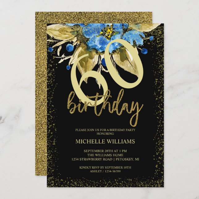 Invitation Floral Blue Parties scintillant Gold Calligraphie  (Devant / Derrière)