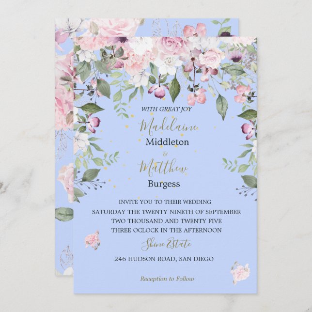 Invitation Floral Blue Periwinkle Mariage rose or (Devant / Derrière)