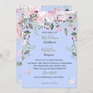 Invitation  Floral Blue Periwinkle Mariage rose or