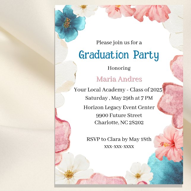 Invitation Floral Blue & Pink Graduation (Créateur téléchargé)
