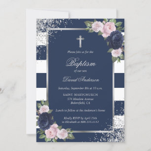 Invitation Floral Blue Silver Cross Élégant Baptême