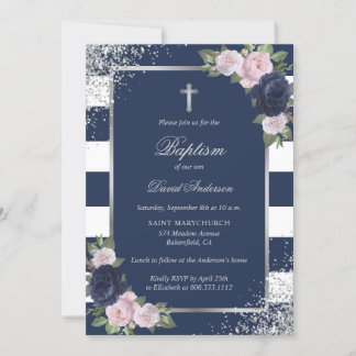 Invitation Floral Blue Silver Cross Élégant Baptême
