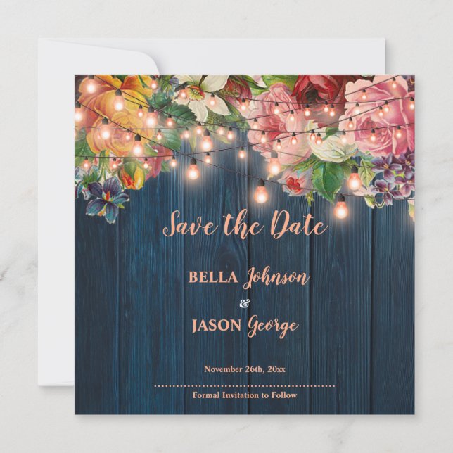 Invitation Floral Blue Wood String Lights Save The Date (Devant)