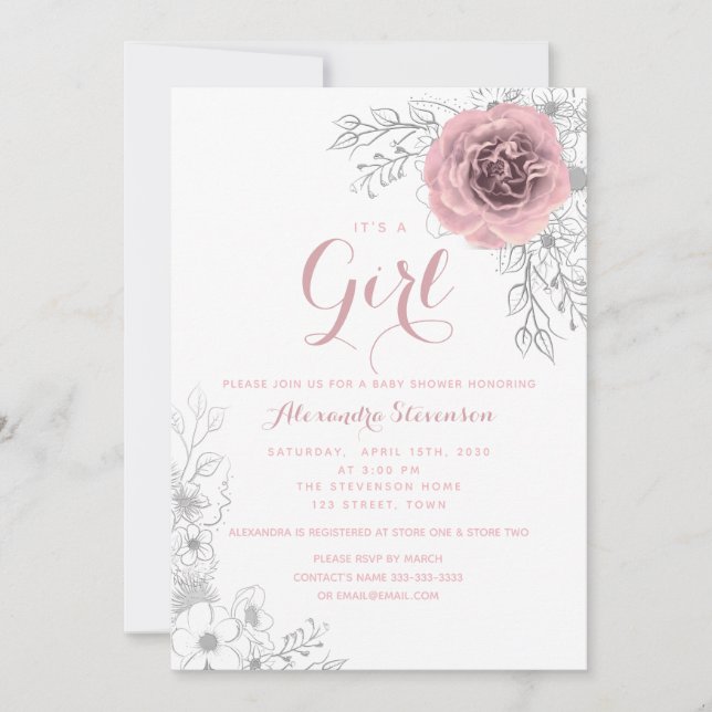 Invitation Floral Blush Baby shower fille rose (Devant)