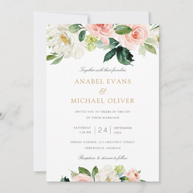 Invitation Floral Blush Blanc Romantique Mariage (Devant)
