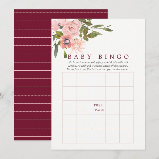 Invitation Floral Blush et Baby shower Bourgogne Bingo bébé (Devant / Derrière)