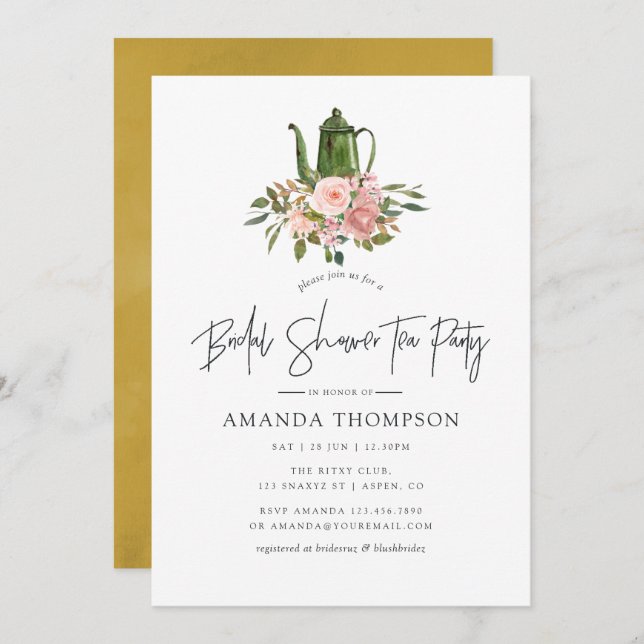 Invitation Floral Blush et Gold Fête des mariées Tea Party (Devant / Derrière)