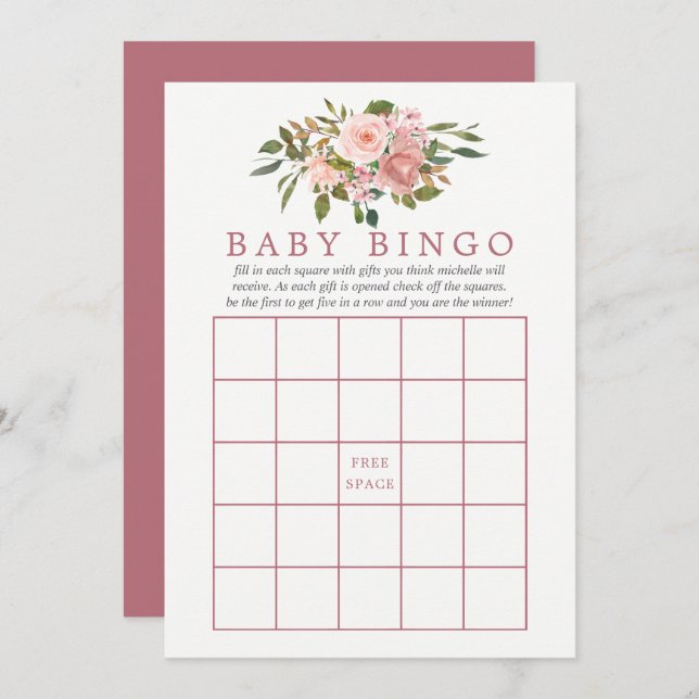Invitation Floral Blush et Rose Gold Baby shower Bingo bébé (Devant / Derrière)