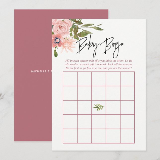 Invitation Floral Blush et Rose Gold Baby shower Bingo bébé (Devant / Derrière)