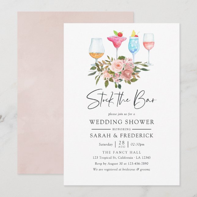 Invitation Floral Blush et Rose Gold Stock du Bar (Devant / Derrière)