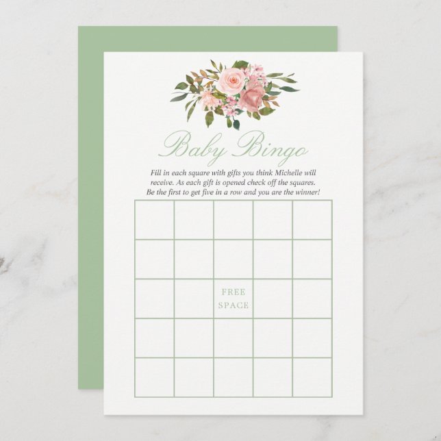 Invitation Floral Blush et Sage Baby shower bébé Bingo (Devant / Derrière)