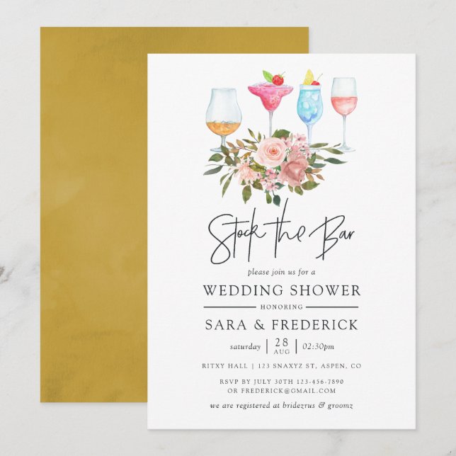 Invitation Floral Blush et Stock d'Or le Bar (Devant / Derrière)
