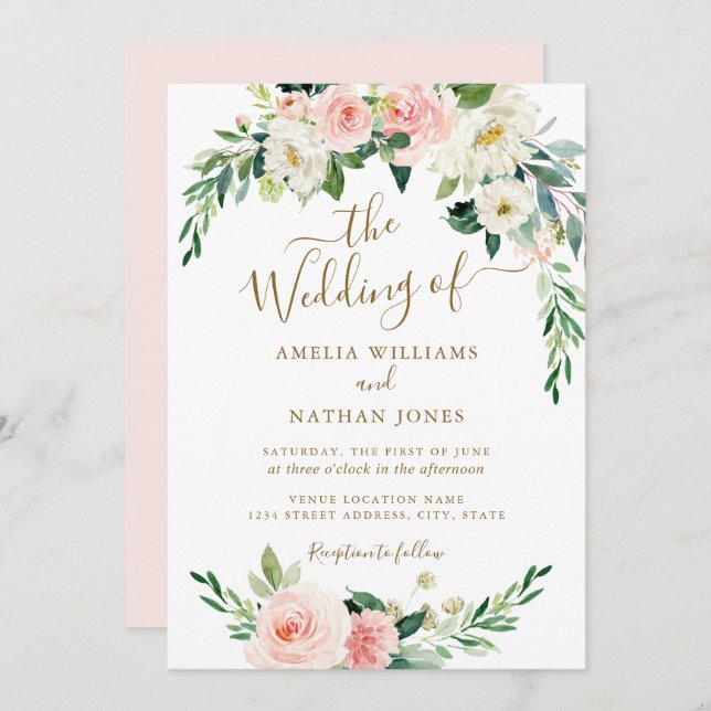 Invitation Floral Blush Gold Wreath Mariage (Devant / Derrière)