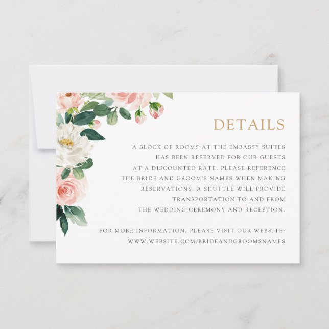 Invitation Floral Blush Greenery Détails romantiques Info Car (Devant)