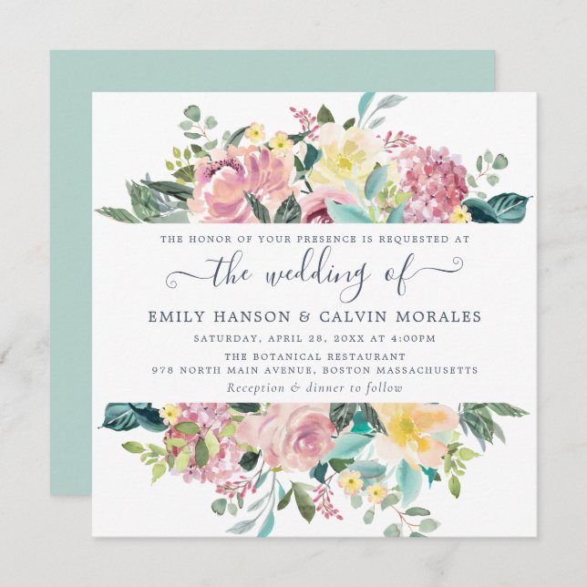 Invitation Floral Blush Jaune Aquarelle Mariage élégant (Devant / Derrière)