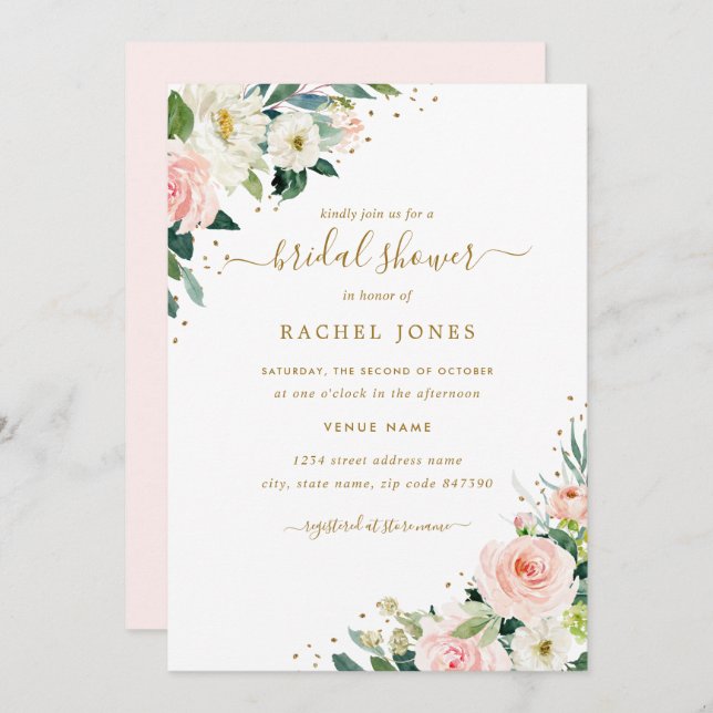 Invitation Floral Blush Mariage or rose Fête des mariées (Devant / Derrière)