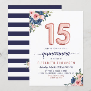 Invitation Floral Blush Marine Rose Gold Balloons Quinceañera