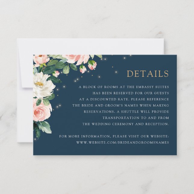 Invitation Floral Blush Navy String Lights Détails Info Card (Devant)