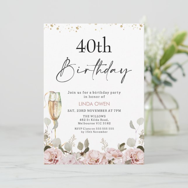 Invitation Floral Blush N'Importe Quel Âge Anniversaire (Debout devant)