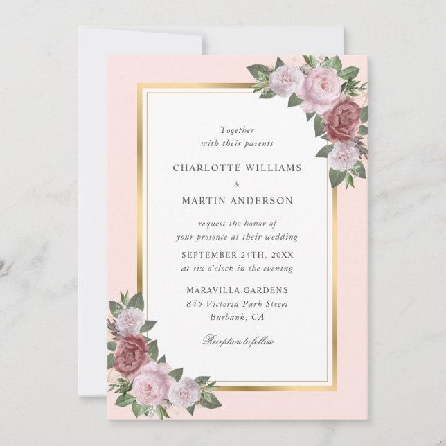 Invitation Floral Blush Peach Gold Frame Rustique Mariage (Devant)
